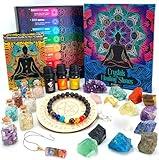 Crystals and Healing Stones Set 31Pcs - Healing Crystals & Stones - 14 Real Raw Chakra Rocks, 7 Gemstones Bottles, 3 Essential Oils,Pendant Necklace, Pendulum Board, Amethyst Cluster, Bracelet & Guide