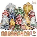 PABBEU Christmas Gift Bags 52Pcs Christmas Treat Bags for Gifts Drawstring Gift Bags with Ribbon Ties and Christmas Tags for Wrapping Christmas Presents (52pcs Christmas Bags)