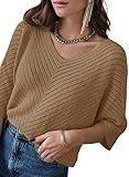 Dokotoo Womens Plus Size 3/4 Sleeve V Neck Loose Pullover Knit Sweaters for Women Fall Tunic Tops Jumper Knitted Casual Top Lightweight Summer Sweater 2025 Trendy Brown XX-Large