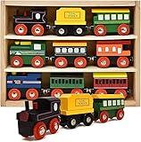 Wooden Train Cars 9 Piece Collection of Magnetic Trains and Wood Engine and Vehicles Compatible with All Major Brands, A Deluxe Railway Set for Toddlers Kids Boys and Girls