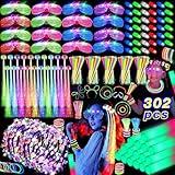 302 PCS Glow in the Dark Party Supplies, 20 LED Hair Clips Fiber Optic, 16 LED Glasses, 16 Foam Glow Sticks, 10 Light Up Flower Crowns, 40 Finger Lights,200 Glow Sticks for Glow Party Wedding Birthday