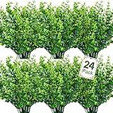 Ouddy Decor 24 Bundles Artificial Greenery Stems Fake Plants Outdoor UV Resistant Faux Plastic Plant for Indoor Outdoors Home Kitchen Office Garden Porch Farmhouse Window Box Decor