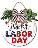 Labor Day Decoration Happy Labor Day Wood Sign Round Wood Hanging Door Decor Labor Day Wood Wreaths Front Door Decorations for Outdoor Farmhouse Porch 12 Inches,24nv02waA53