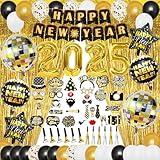 YQUQWN 84 PCS Happy New Year Decorations Set 4D Disco Ball Balloons Happy New Year Banner 2025 Black Gold Party Decorations New Years Eve Party Supplies 2025 New Years Eve Decorations Fringe Curtain