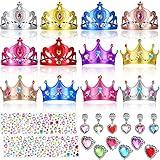 36 Pieces Foam Costume Headwear Princess Tiaras and Crowns Set with DIY Crystal Diamond Stickers, Rings and Earrings for Kids Party Favors