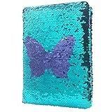 GINMLYDA Sequin Girls Journal for Kids, 8.5x5.5 Inches 160 Lined Pages Diary for Girls Butterfly Reversible Flip Sequence Notebook for Teenage Pre School Writing Drawing Travel Gifts (Purple- Blue)