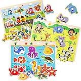 Wooden Peg Puzzles for Toddlers 2 3 4 Years Old, Kids Educational Preeschool Peg Puzzles Toy, 3 Pcs Toddler Puzzles Set - Traffic, Animals and Ocean, Great Gift for Girls and Boys (First Edition)