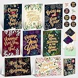 Decorably Special Season Cards with Envelopes & Stickers - 24 Pack Gold Foiled Happy New Year Cards with Envelopes & Stickers, Printed Message Inside 6x4in Happy New Year Card