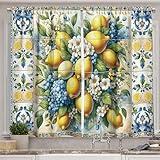 Ambesonne Lemon Garden Kitchen Curtains, Mediterranean Curlicue Leaves Detailed Citrus Huddle with Floral, Window Drapes 2 Panel Set for Kitchen Cafe Decor, 55" x 39", Blue Yellow and Green