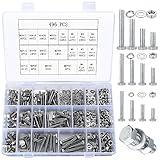 Hex Bolts and Nuts and Washers Assortment Kit, 496 Pcs Metric Hex Head Nuts and Bolts Kit, Stainless Steel Machine Screws Bolts Nuts Flat & Spring Lock Washers Set - M4 M5 M6