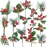 FOERPL 15 Pack Small Christmas Picks Assorted Size Red Berry Picks Stems with Pinecones for Christmas Xmas Holiday Floral Arrangement Winter Holiday Home Decor