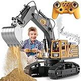 KASQERT Remote Control Excavator Toys for Boys,14 Channel RC Digger Construction Toys Tractor,Simulated Smoke, Sound, Lighting, Metal Digging Head, for Boys 6 7 8 9 10 11 12