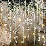 18pcs Christmas Tree Decoration Crystal Ornaments - Hanging Acrylic Christmas Snowflake Icicle Drop Crystal Ornaments for Christmas Tree Winter New Year Party Supplies