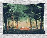 Ambesonne Fantasy Tapestry, Camping in Forest at Night with Stars Fireflies Environment Nature Scene Art, Wide Wall Hanging for Bedroom Living Room Dorm, 80" X 60", Forest Green