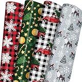 GIOLNIAY Christmas Wrapping Paper for Men Women Kids - Holiday Gift Wrap Red & Black Plaid with Truck, Black & White Plaid with Snowflake Xmas Design - 6 Jumbo Sheets, 28″×40″ Each, Easy to Store