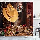 Ambesonne Western Shower Curtain, Farmhouse with Christmas Celebrations with Wreath Americana Style Image Print, Cloth Fabric Bathroom Decor Set with Hooks, 69" W x 70" L, Brown Cream