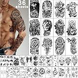 Yazhiji 36 Sheets Temporary Tattoos Stickers, 12 Sheets Fake Body Arm Chest Shoulder Tattoos for Men or Women with 24 Sheets Tiny Black