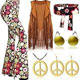 Haull 7 Pcs 60s 70s Outfits for Women Hippie Costume Set Boho Flared Pants Fringe Vest Peace Sign Accessories Set (Flower,X-Large)