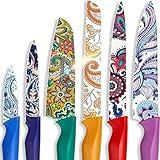 Astercook Paisley Pattern Knife Set with Cover, Dishwasher Safe Colorful Knives with 6 Knife Sheath, German Stainless Steel Rainbow Knife Set