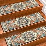 Stair Treads for Wooden Steps Indoor, 15 Pack 8" X 30" Non Slip Carpet Stair Treads with Reusable Adhesive for Kids Elders and Dogs, TPR Backing Stair Rugs Oriental Staircase Step Treads,Bohemia