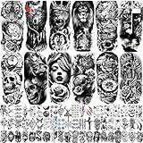 JEEFONNA 72 Sheets Temporary Tattoo for Men Women Adults, Include 12 Sheets Black 3D Half Sleeve Temporary Tattoos, Halloween Tattoos Scary Lion Wolf Tiger Skull Skeleton Tattoos Stickers