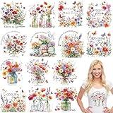 Flower Iron on Transfers for T-Shirts, 15 Pcs Bible Flower DTF Transfers Ready to Press, Vintage Iron on Patch Decals, Heat Transfer Vinyl for Bag Clothing DIY Craft