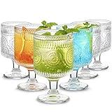 6 Packs Vintage Goblet Glasses, 8 oz Wine Glasses, Embossed Floral Glass Cups Set, Clear Drink Glasses, Drinking Goblets, Bar Tumbler Glassware for Iced Tea, Wine, Beer, Juice, Cocktail, Whiskey