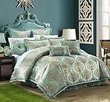 Chic Home CS4630-AN 9 Piece Como Decorator Upholstery Quality Jacquard Motif Fabric Bedroom Comforter Set & Pillows Ensemble, King, Blue