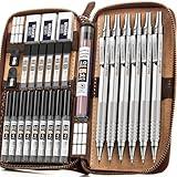 Nicpro 30PCS Silver Metal Mechanical Pencils Set in Leather Case, Art Drafting Pencil 0.5, 0.7, 0.9 mm, 2mm Lead Pencil Holder for Sketching Drawing With 16 Tube (6B 4B 2B HB 2H 4H Colors)Lead Refill