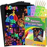 ZMLM Scratch Paper Art Set: 60Pcs Magic Drawing Art Craft Kid Black Scratch Off Paper Supply Kit Toddler Preschool Learning Bulk Toy for Age 3 4 5 6 7 8 9 10 Girl Boy Christmas Birthday Party Gift