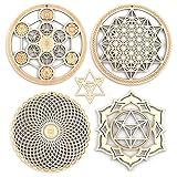 Qallicon 5.31" Sacred Geometry Wall Art 4 PCS Set, (Metatron Cube, 64 Tetrahedron, Torus, Merkaba) Crystal Grid Meditation Chakra Wooden Wall Art Yoga Decor Spiritual Gifts