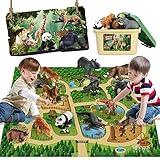 Mini Tudou 12 Pcs Safari Animals Figures Toys w/ 57x38.6’’ Large Activity Play Mat, Realistic Jumbo Jungle Wild Zoo Animals Figurines Playset w/Elephant, Giraffe, Lion for Kids Boys