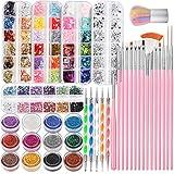 FANDAMEI Nail Art Kit, Nail Art Brushes Set, Nail Design Kit Dotting Tools, Fine Nail Glitter, Nail Decoration Butterfly Heart Glitter Sequins, Foil Flakes, Nail Rhinestones, Dust Brush