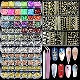 Artdone Nail Art Studs Kit, 6 boxes Multicolor And Design 3D Charms With 15 Sheets Gold Nail Stickers, Diamond Cute Nail Jewels For DIY Decoration with Pickup Tools