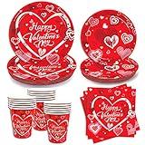 Valentine's Day Party Supplies Lovely Heart Paper Plates Napkins Cups Tableware Set for Valentine's Day Party Decorations Engagements Weddings Anniversary, Serves 24