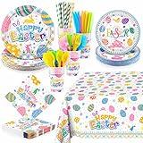 durony 194 Pieces Easter Colorful Tableware Set Dinnerware Bundle Including Paper Plates Cups Napkins Straws Plastic Cutlery Tablecloth for Easter Party Supplies Decorations, Serves 24 Guests