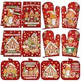 SiliFine 12 Pcs Christmas Kitchen Towels Pot Holders and Oven Mitts Set 4 Gingerbread Man Dish Towels 4 Gingerbread House Oven Mitts 4 Candy Pot Holders for Xmas Home Cooking Dish Baking Decorative
