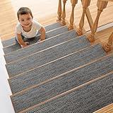 ZOMONETI 15pcs 8" x 30" Linen Non Slip Stair Carpet Treads for Wooden Steps Indoor, Machine Washable Stair Runners for Kids Elders and Pets, Stair Carpet Pads for Wood Stairs, Black