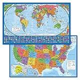 2 Pack - Laminated World Map Poster & USA Map Set - Equal Earth world map design shows continents at true relative size - US Map 18” x 29”