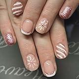 Christmas Press on Nails Short Square White French Tips Fake Nails Snowflake Stripe Glitter Glue on Nails Nude Pink False Nails Glossy Design Winter Full Cover Christmas Nails for Women DIY Manicure