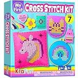 KRAFUN Beginner My First Cross Stitch Kit for Kids Arts & Crafts, 6 Easy Projects of Felt Keyring, Bag, Pillow Craft, Instructions, Gift for Girls and Boys, Learn DIY Crafting, Embroidery
