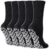 Yebing Non Slip Hospital Socks for Women with Grips Fuzzy Cozy Anti Skid Slipper Socks Winter Warm Soft Fluffy Sleep Socks 5 Pairs Non Slip Black