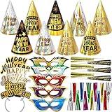 New Years Eve Party Supplies for 25 Guests 2025 Gold Silver Happy New Year Party Kits NYE Hats Glitter Tiaras Decorations Noise Makers Paper Masks Party Favors