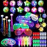 MIBOTE 83Pcs Led Light Up Toys Party Favors Glow in the Dark Party Supplies for Kid/Adults Halloween with 50 Finger Lights, 8 Jelly Rings,Flashing Glasses,Bracelets, Fiber Optic Hair Lights