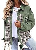 SHEWIN Womens Fall Fashion 2024 Oversized Denim Jacket Casual Long Sleeve Button Down Plaid Shacket Fall Jackets for Women 2024 Winter Coats Green Small