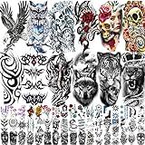 80 Sheets Temporary Tattoos Stickers, Fake Body Arm Chest Shoulder Tattoos for Men and Women, Halloween Temporary Tattoos Black Fake Skull Skeleton Tattoos for Halloween Cosplay