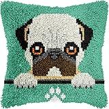 veirousa Pug Puppy Latch Hook Kits for Adults Kids, Beginners DIY Throw Pillow Kit Pre-Printed Pillowcase Hook and Latch Rug Kits Cross-Stitch Cushion Cover for Home Sofa Decor Gift Idea 17x17 inch