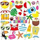 Summer Pool Beach Photo Booth Props 30 Pack Pool, Hawaiian, Beach, Luau Photo Booth Props, Tropical Themed Party with Stick and Glue for Summer/Pool/Tiki/Hawaiian Party Supplies Decor Photobooth Kit