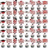 TTDQ 40Pcs Red & Black Graduation Cupcake Toppers - 2025 Class of 2025 Congrats Grad Cap Cupcake Picks - Non-Edible Graduation Party Decorations