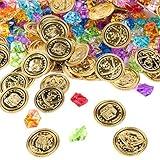 Super Z Outlet Pirate Plastic Gold Colored Coins Buried Treasure and Pirate Gems Jewelry Playset Activity Game Piece Pack Party Favor Decorations (120 Coins + 120 Gems)